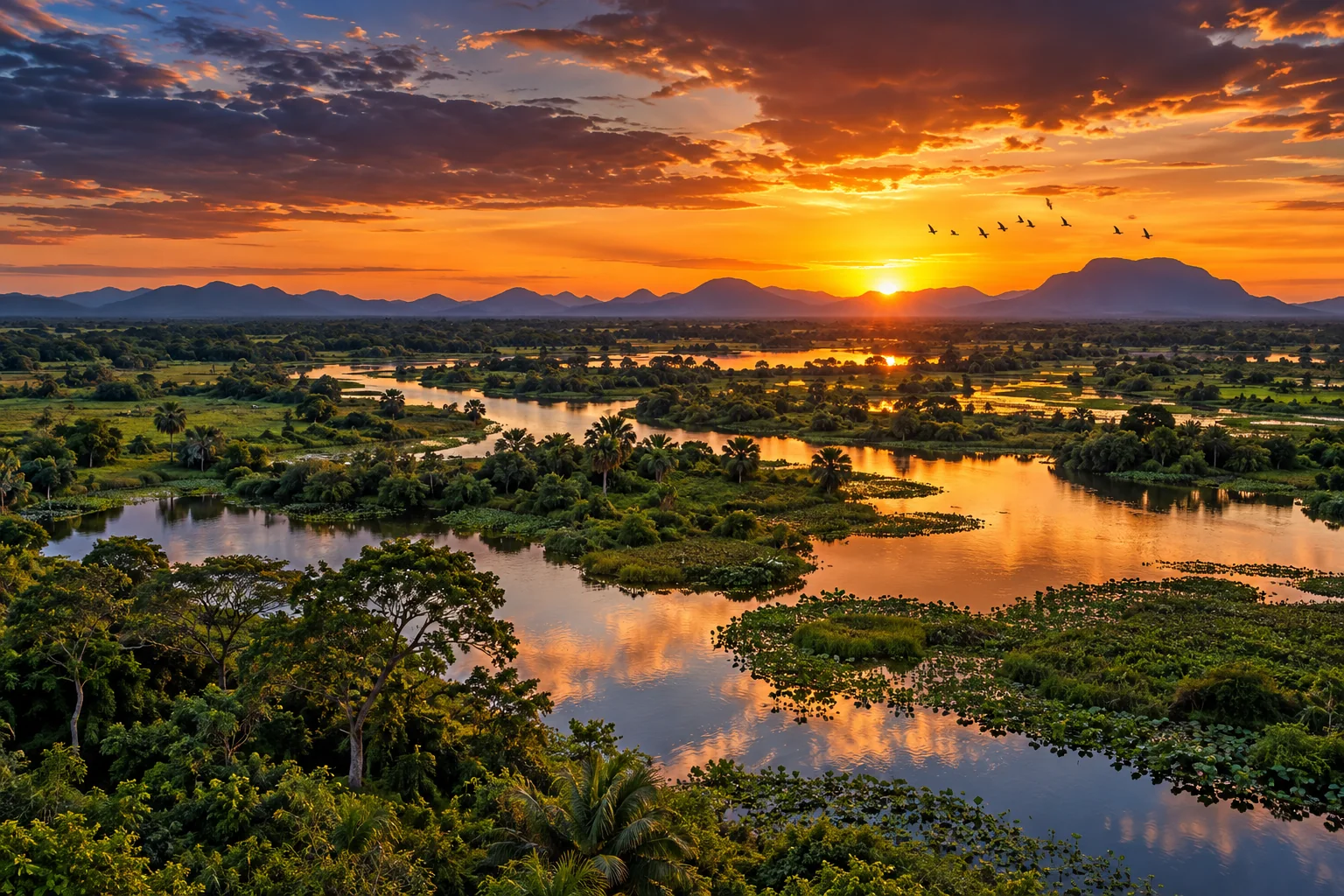 Imagem ilustrativa do Pantanal ao pôr do sol
